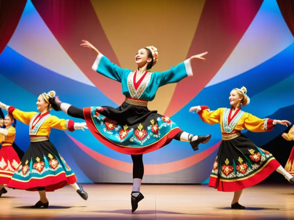 Grupo de bailarines folklóricos rusos en trajes coloridos, realizando una danza dinámica en un escenario