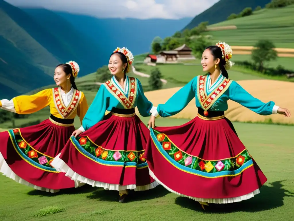 Grupo de bailarines folklóricos con trajes vibrantes y bordados realizan danza dinámica en paisaje rural