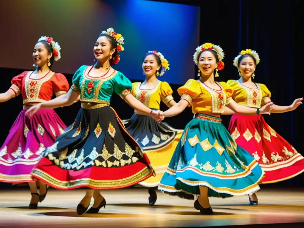 Grupo de bailarines folklóricos con trajes vibrantes y detallados, innovaciones en vestuario de danza folklórica