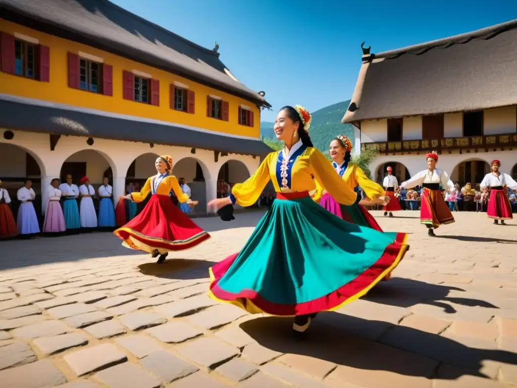 Grupo de bailarines folklóricos en trajes vibrantes, danzando con pasión en una plaza soleada