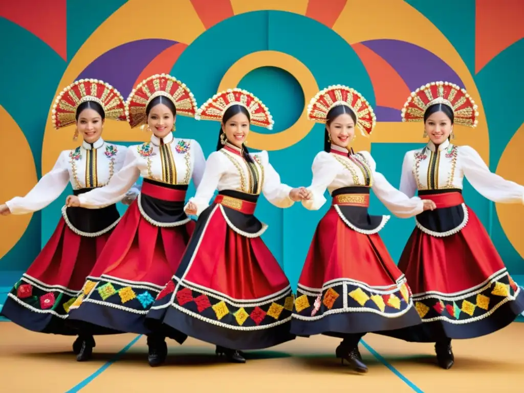 Grupo de bailarines folklóricos con trajes vibrantes y detallados, capturando la influencia del vestuario en danza folklórica