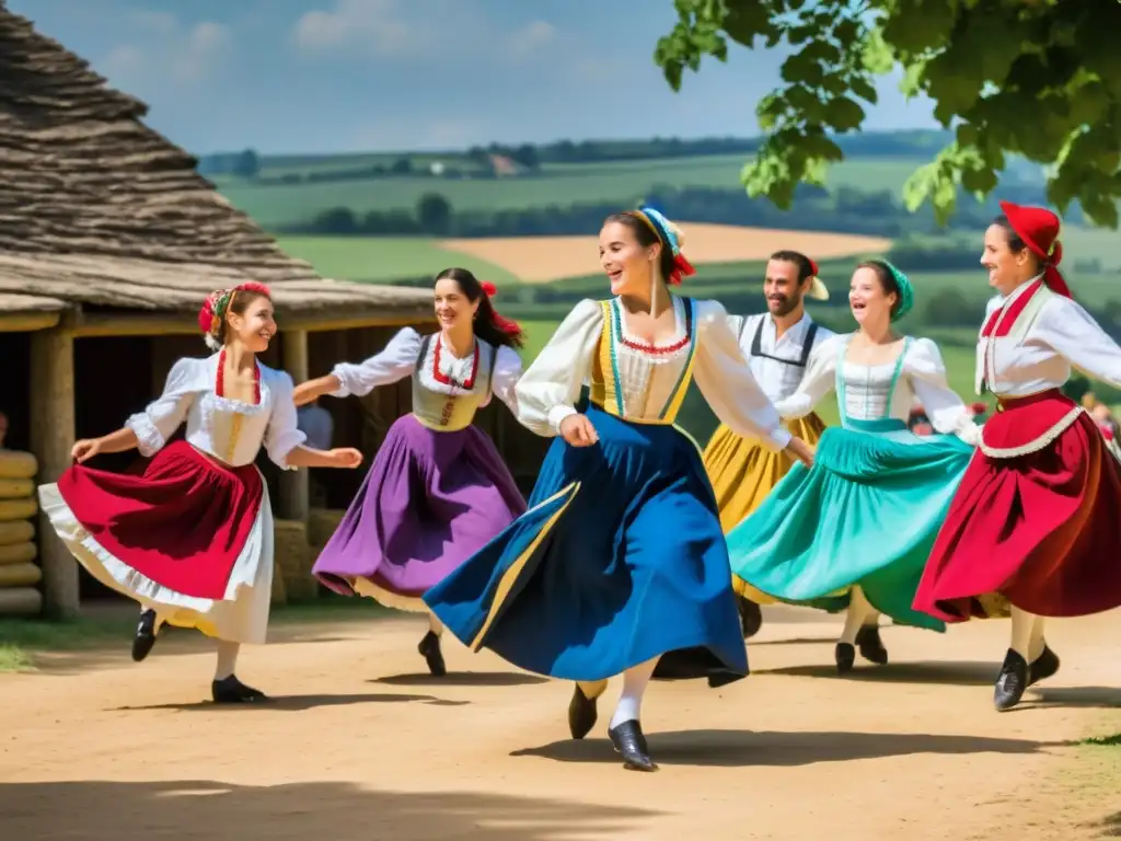 Grupo de bailarines franceses tradicionales ejecutando la bourrée en un entorno campestre, capturando la vitalidad cultural de esta danza centenaria