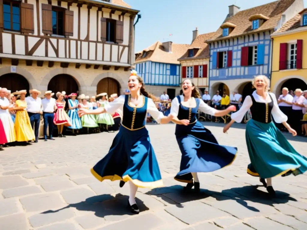 Grupo de bailarines franceses en trajes tradicionales de Cuadrilla, celebrando con una danza vibrante y detallada en una plaza histórica