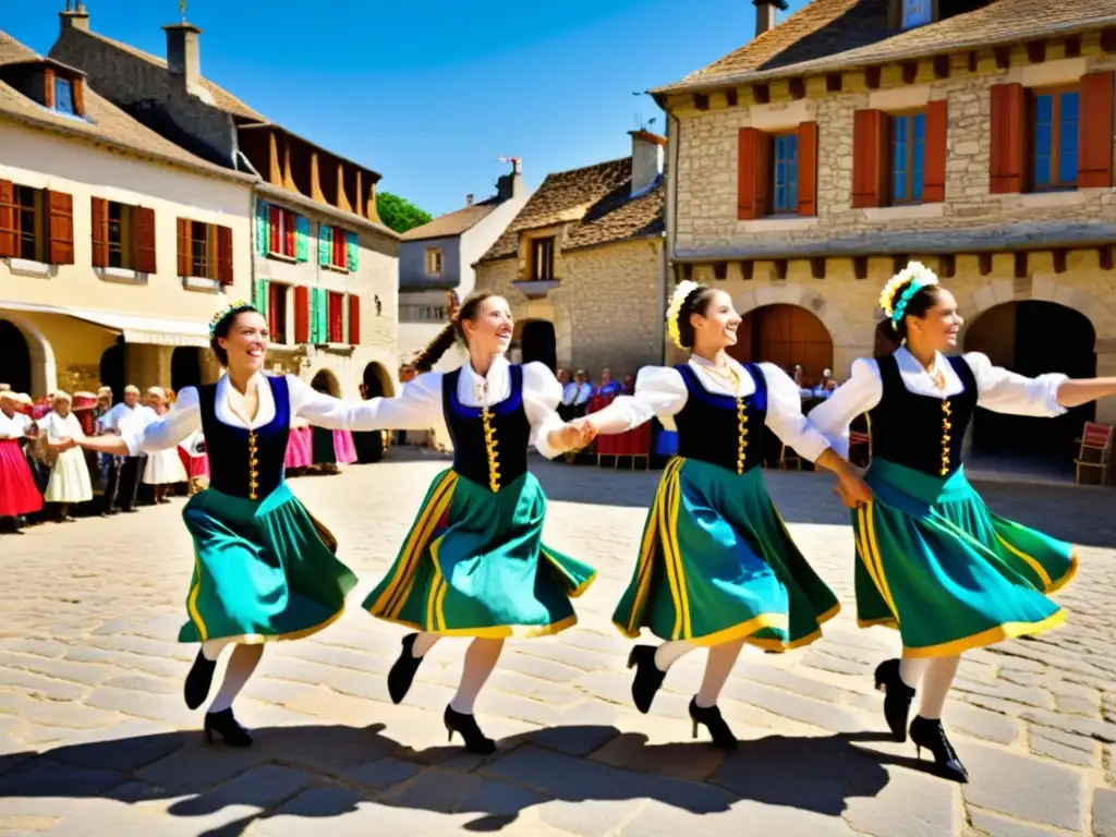 Grupo de bailarines franceses en trajes vibrantes ejecutan la Cuadrilla