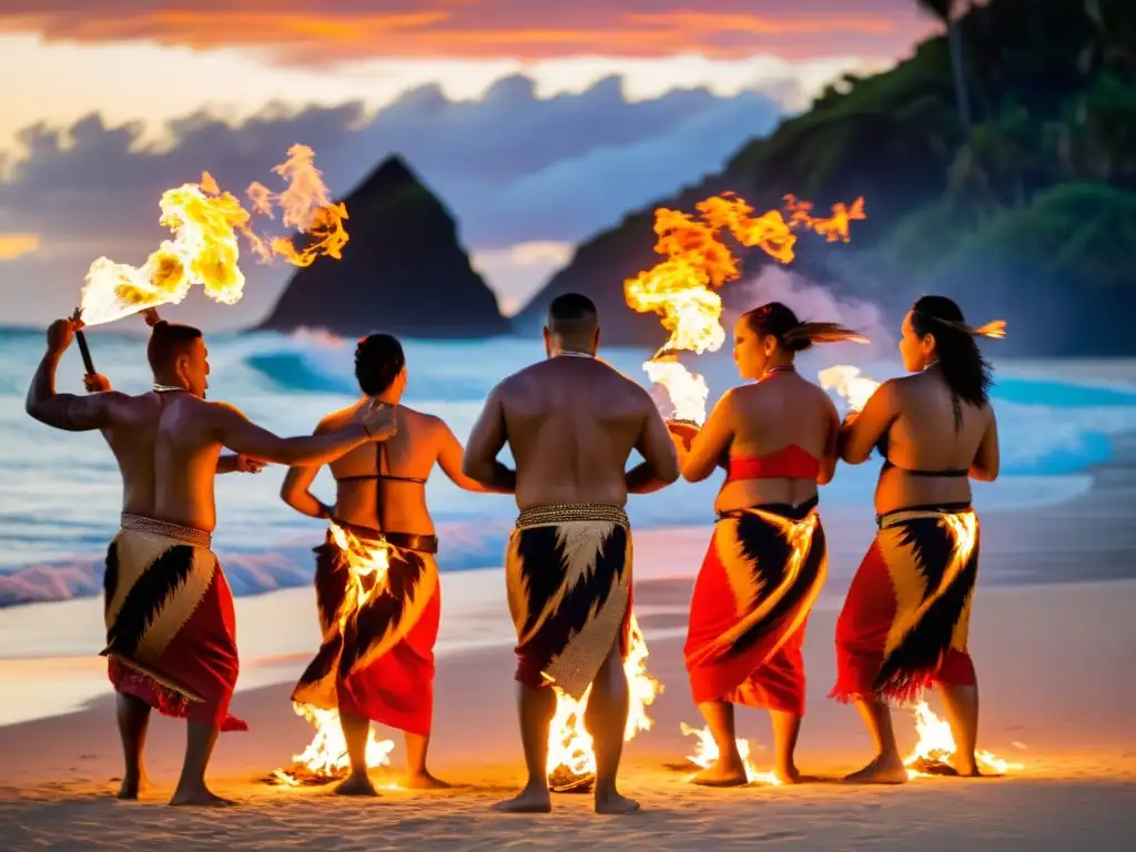 Grupo de bailarines de fuego samoanos realizando una danza tradicional al atardecer en la playa, con llamas vibrantes y el océano de fondo, capturando la esencia de la danza del fuego samoana y su significado cultural