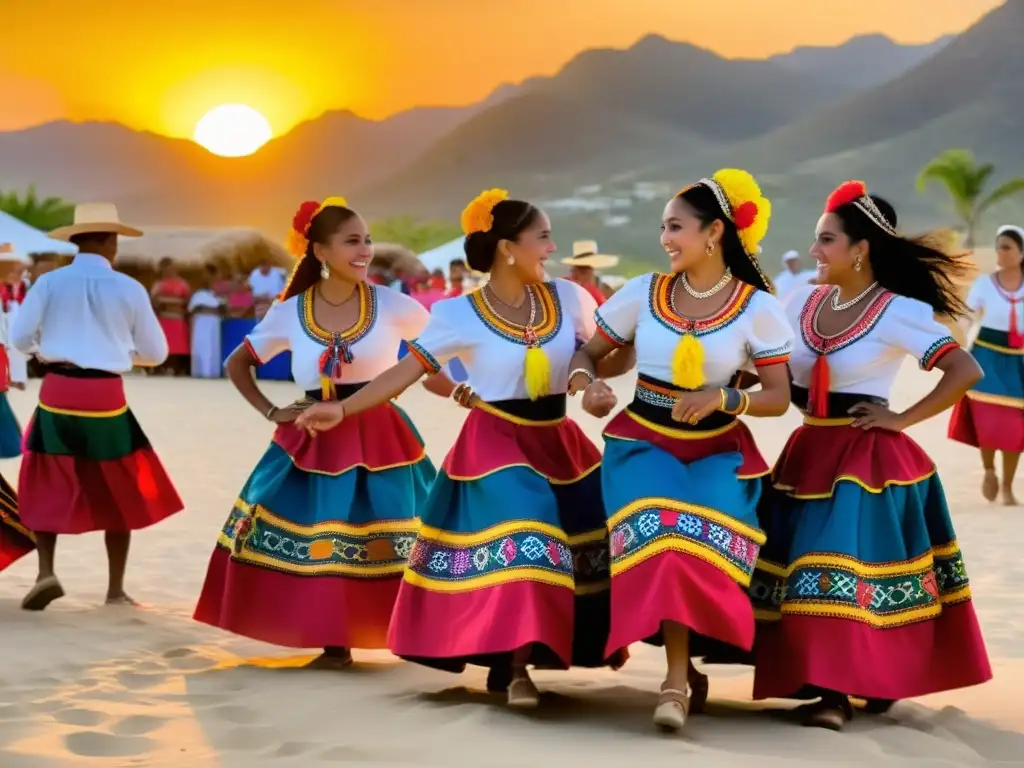 Grupo de bailarines de Funaná en trajes tradicionales, disfrutando la danza al ritmo de la música caboverdiana