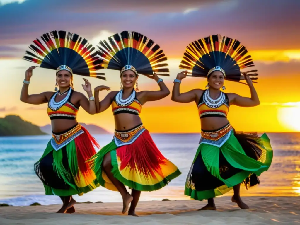 Grupo de bailarines de Wallis y Futuna con vestimenta tradicional danzando al atardecer sobre el océano Pacífico