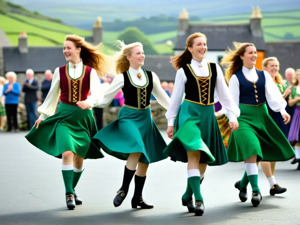 Grupo de bailarines gaélicos en una animada plaza de pueblo, bailando un céilidh con trajes coloridos y expresiones alegres