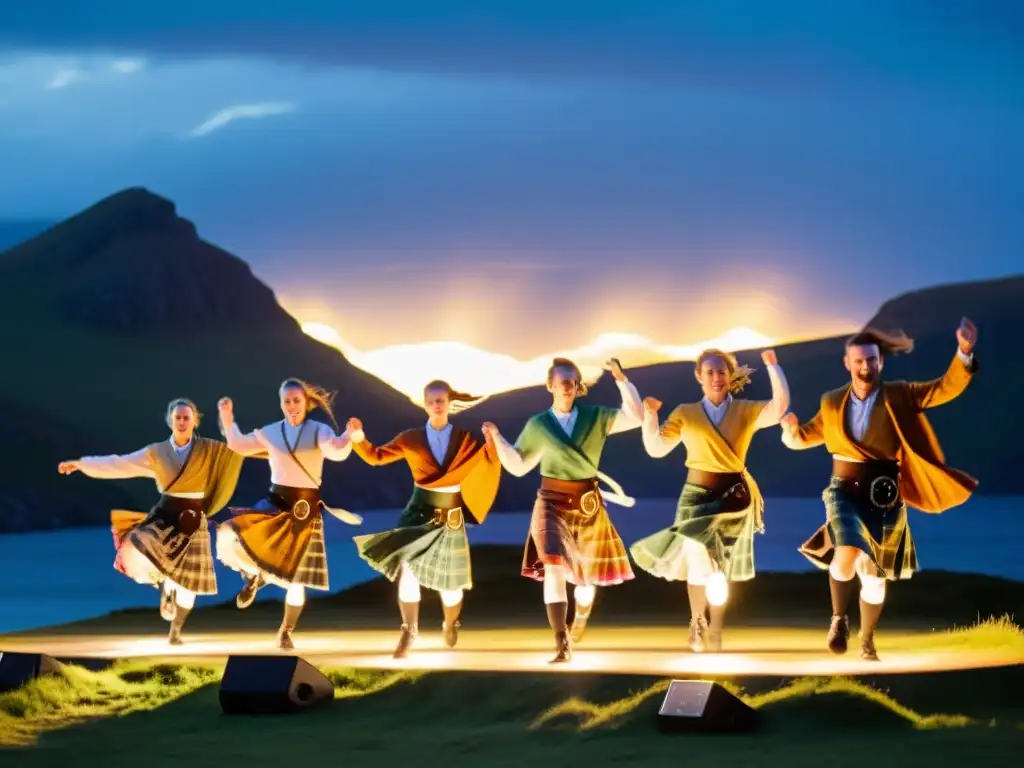 Grupo de bailarines Gaélicos en festival de danza en Skye, con movimientos dinámicos y gracia tradicional