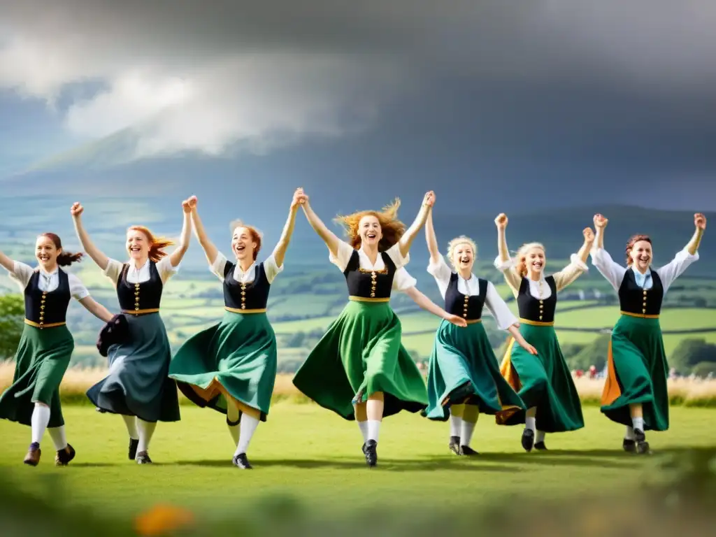 Grupo de bailarines gaélicos con trajes tradicionales, realizando un animado baile céilidh en un festival rural