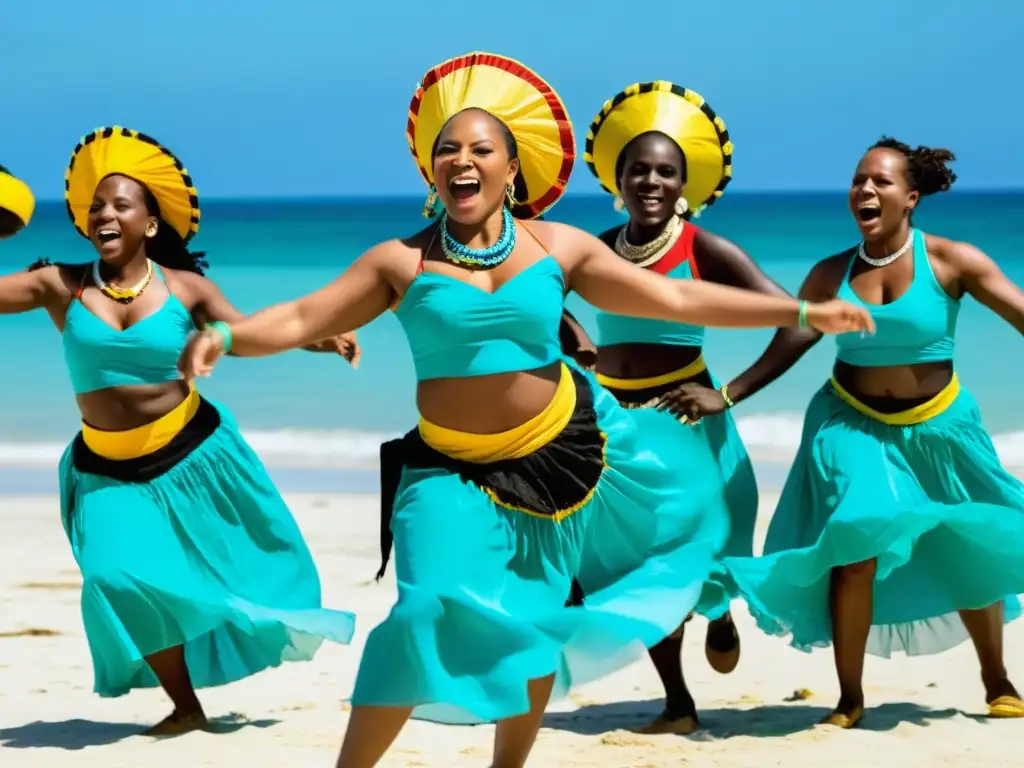 Un grupo de bailarines garífunas en trajes tradicionales bailando con energía en una playa, con el mar turquesa y un cielo azul de fondo