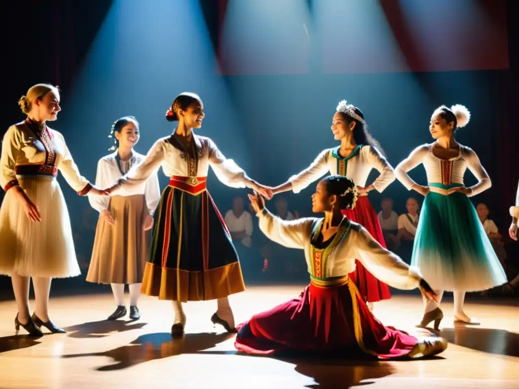 Grupo de bailarines de distintas generaciones en un escenario soleado, transmitiendo la herencia cultural a través de la danza tradicional y moderna