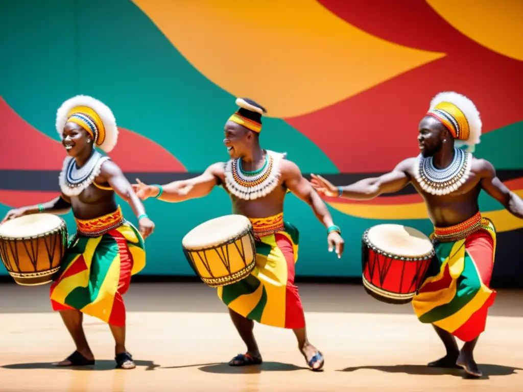 Un grupo de bailarines ghaneses ejecuta la danza Kpanlogo en trajes tradicionales coloridos mientras los tamborileros marcan el ritmo