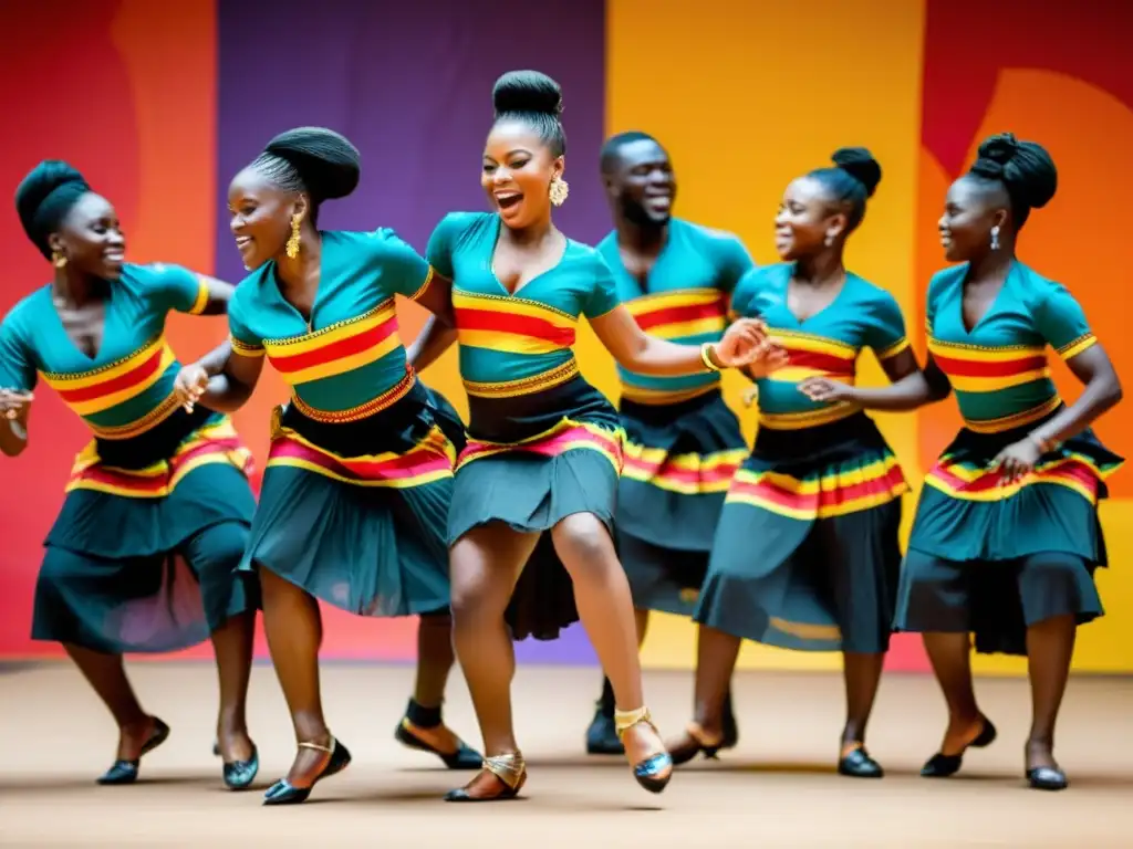 Grupo de bailarines ghaneses realizando la danza Azonto en trajes tradicionales, con movimientos expresivos y elegantes