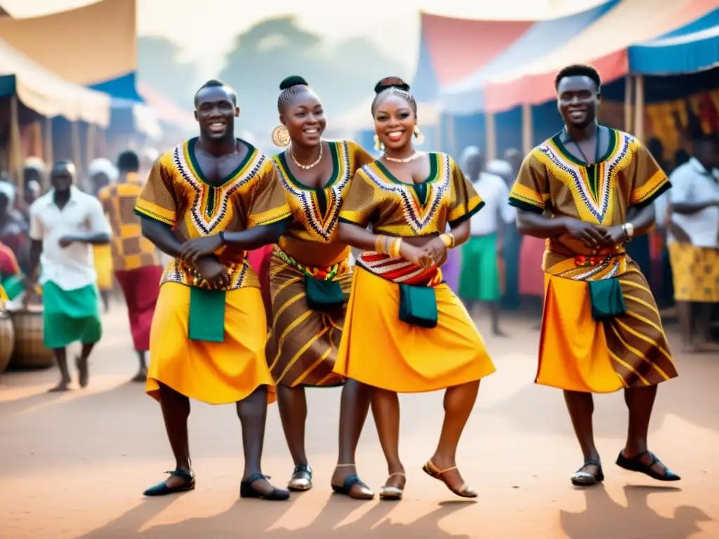 Grupo de bailarines ghaneses en trajes tradicionales, realizando la danza Azonto en un animado mercado ghanés