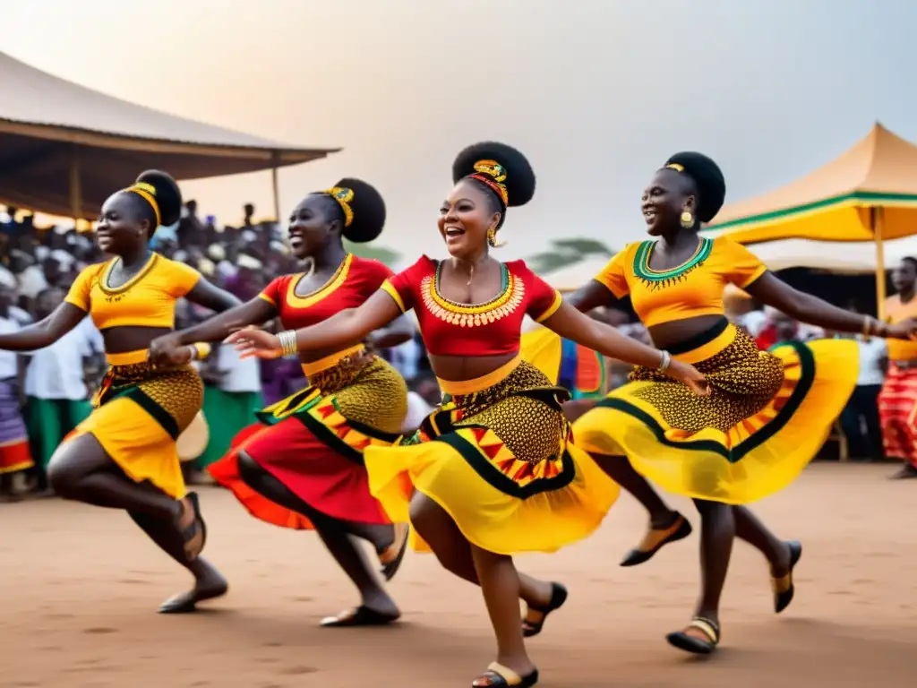 Grupo de bailarines ghaneses en trajes tradicionales Kpanlogo, celebrando la vitalidad de la danza Kpanlogo en un mercado de Ghana al atardecer