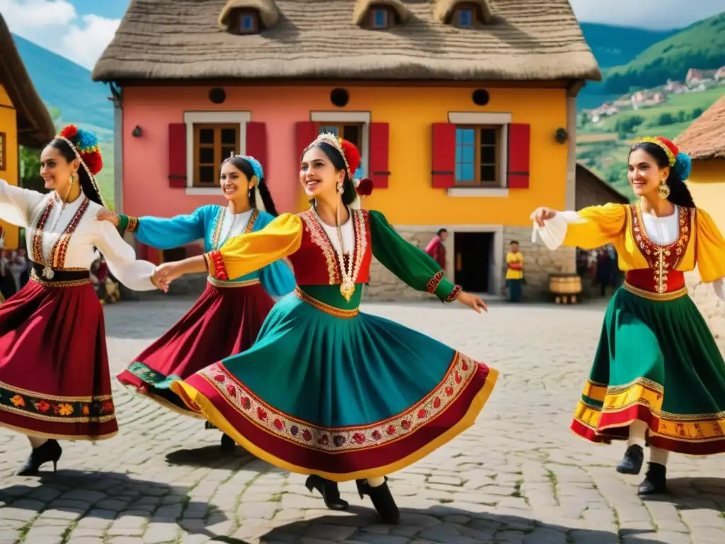 Un grupo de bailarines gitanos ejecuta una danza vibrante en un pintoresco pueblo europeo