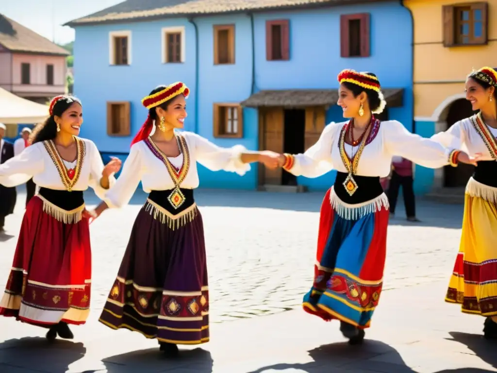 Grupo de bailarines gitanos en trajes vibrantes ejecutan danzas tradicionales, transmitiendo significado cultural y belleza atemporal