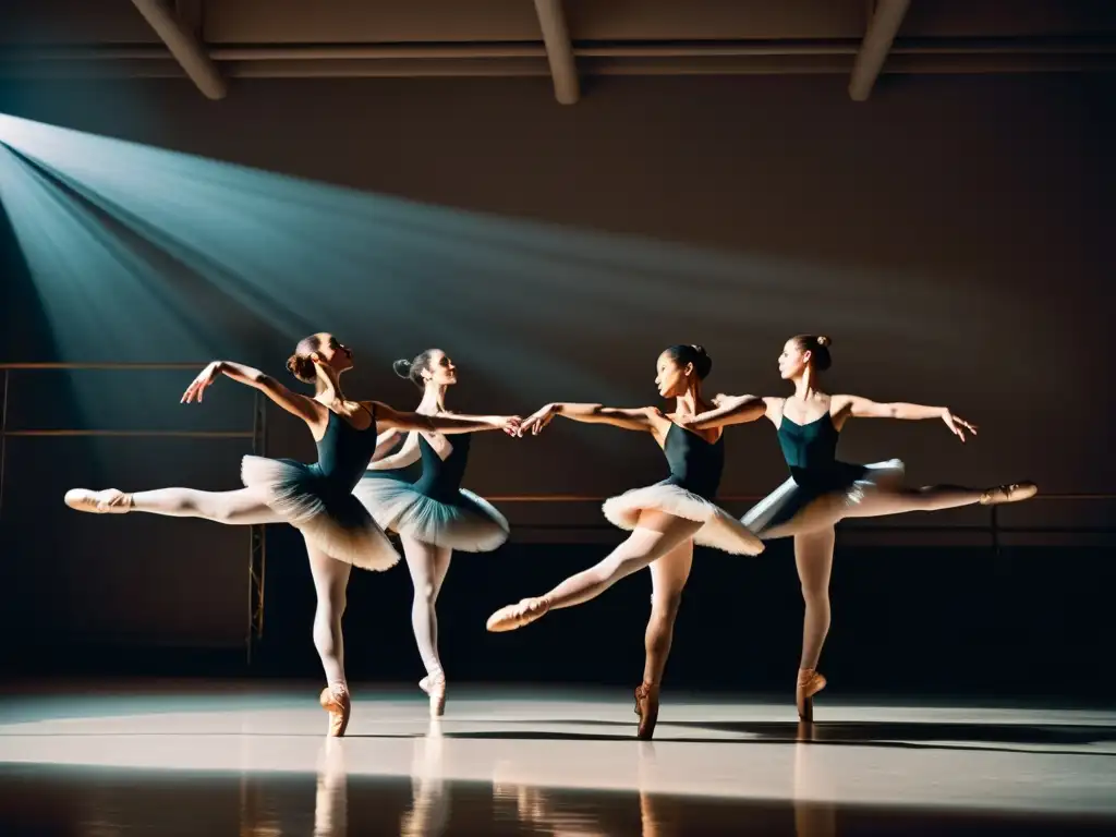 Grupo de bailarines realizando un grand jeté con gracia y precisión, capturando la belleza de las técnicas de enseñanza de danza tradicional