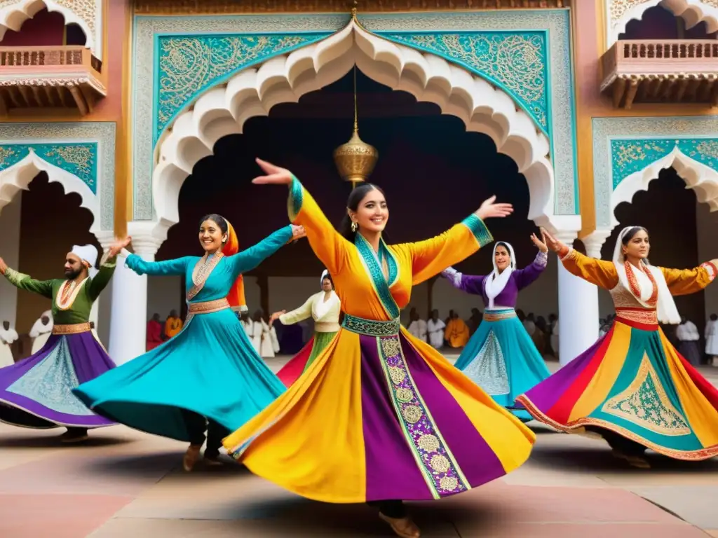 Grupo de bailarines Sufi girando con gracia y colorido en festival espiritual en Konya, evocando un sentido de reverencia y encantamiento