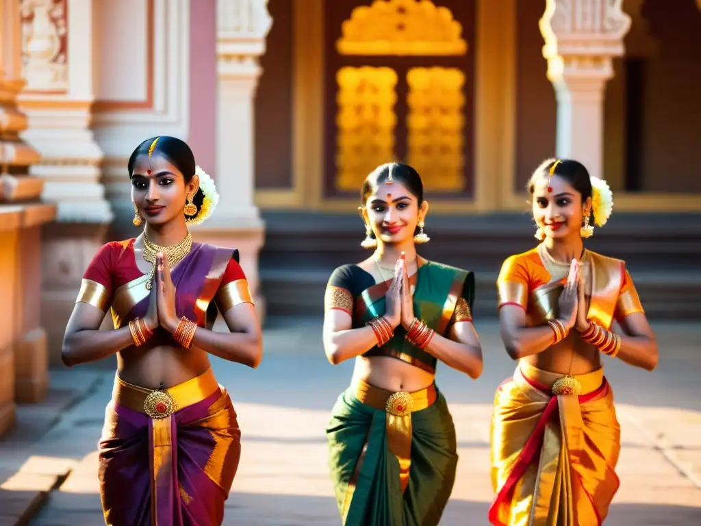 Un grupo de bailarines de Bharatanatyam actuando con gracia y pasión en un templo ornamentado