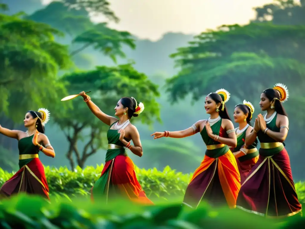 Esencia celestial: Baile Xattriya en Assam Grupo de bailarines Sattriya danzando con gracia en Assam, capturando el significado cultural de la danza Sattriya en un paisaje exuberante