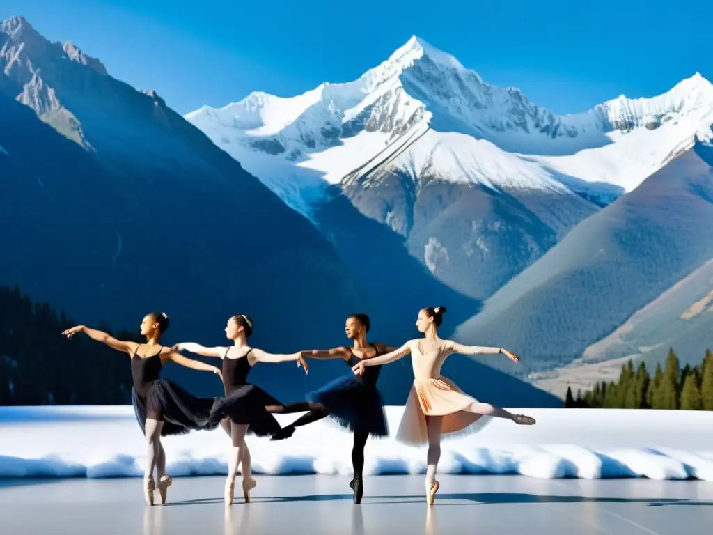 Grupo de bailarines realizando gráciles movimientos en escenario montañoso, fusionando arte y entrenamiento en altitud para bailarines