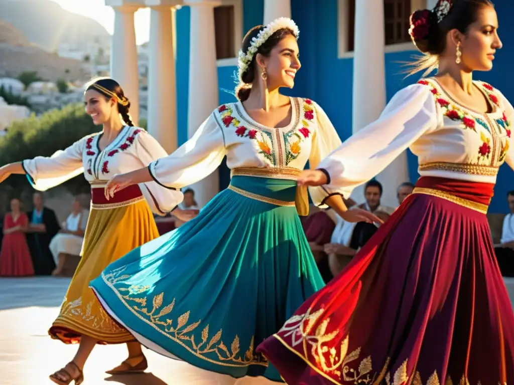 Grupo de bailarines grecos en trajes tradicionales, transmitiendo la danza tradicional de Grecia con alegría y pasión