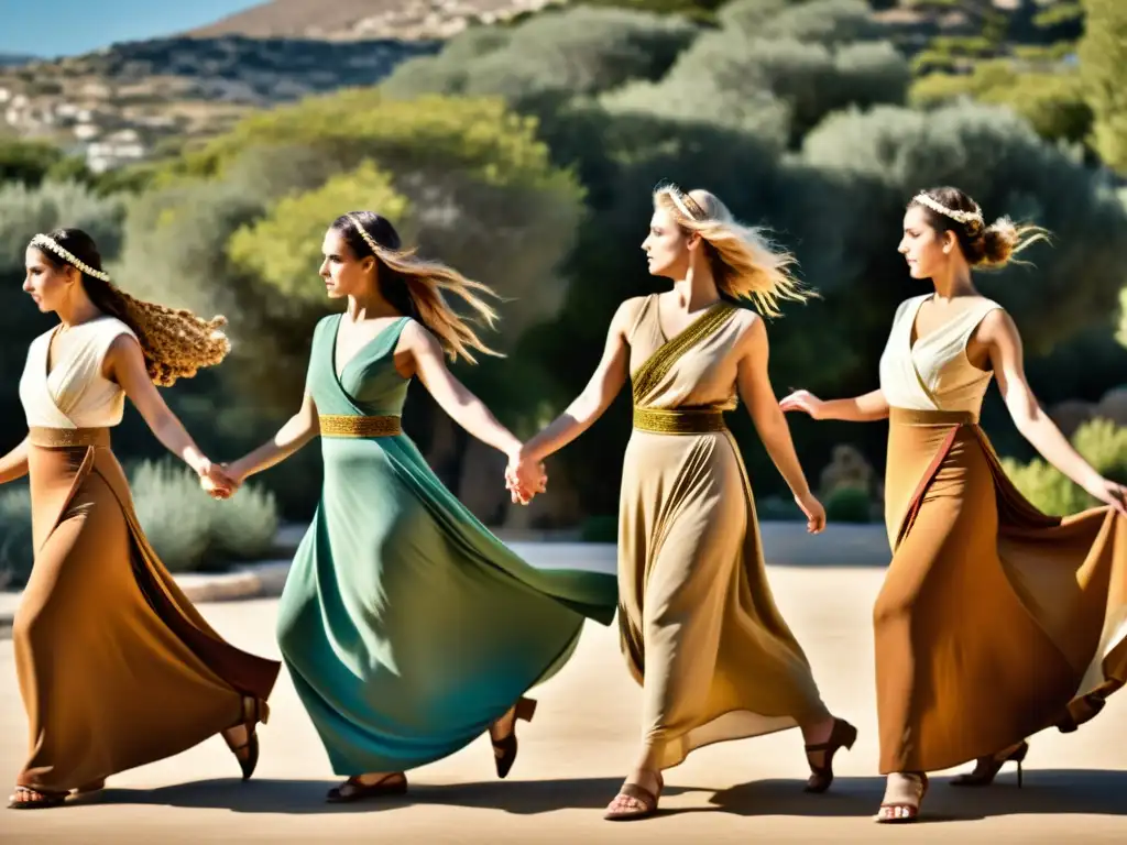 Grupo de bailarines griegos antiguos en trajes fluidos en tonos terrosos, bailando al aire libre con evolución del vestuario de baile