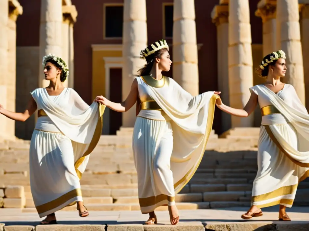 Grupo de bailarines griegos en chitones blancos y joyas doradas, danzando con gracia en un teatro antiguo bajo la cálida luz del sol