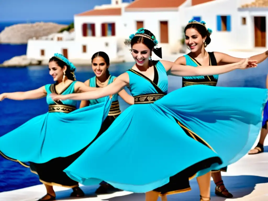 Un grupo de bailarines griegos ejecuta la danza tradicional Sirtaki con pasión y alegría en un escenario soleado y pintoresco