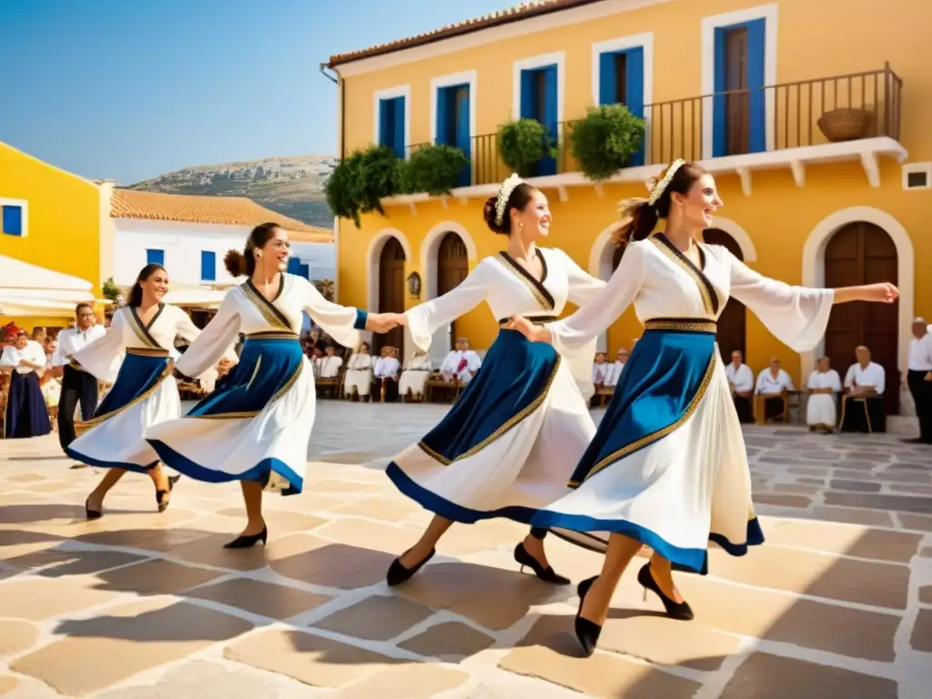 Grupo de bailarines griegos ejecutan danza tradicional en plaza del pueblo