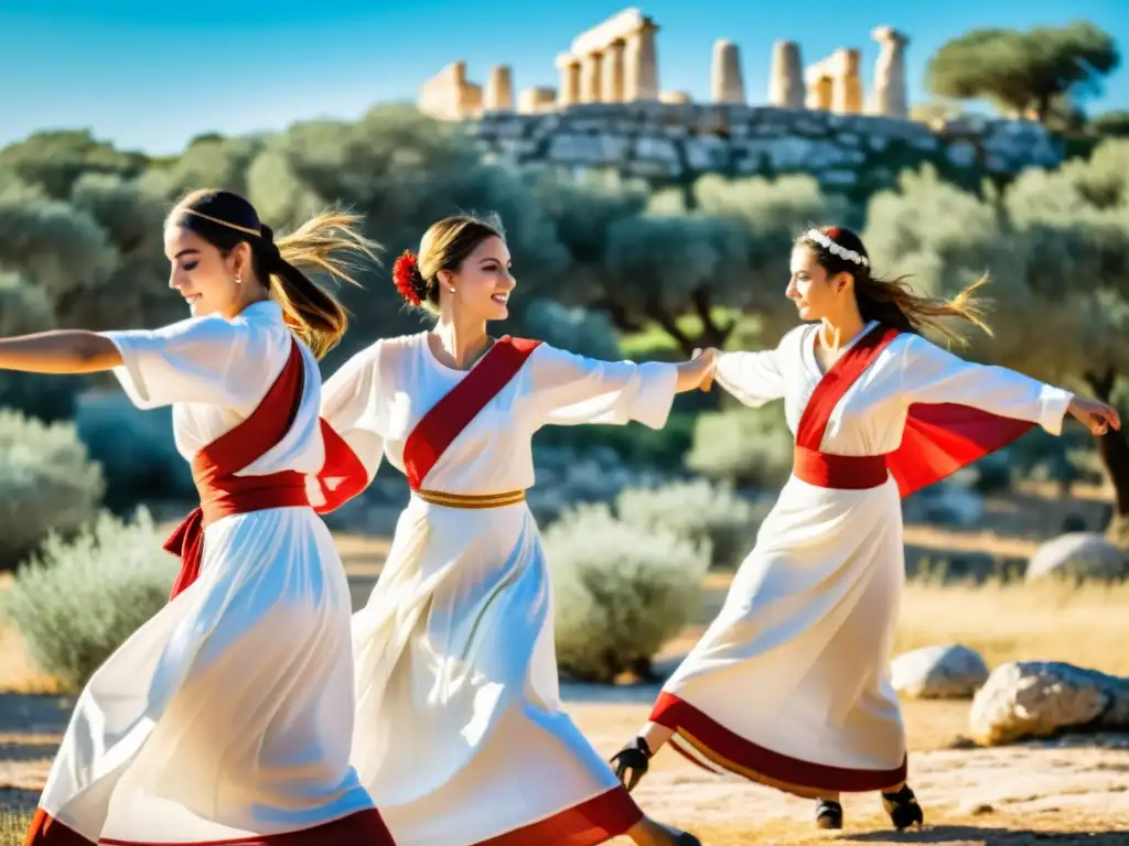 Un grupo de bailarines griegos modernos con túnicas blancas y fajas rojas, realizando una danza sincronizada en un olivar soleado