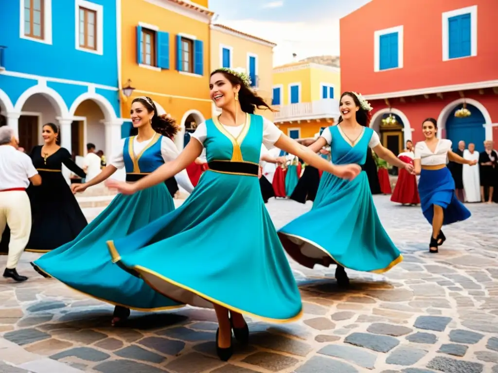 Grupo de bailarines griegos danzando Sirtaki en plaza animada