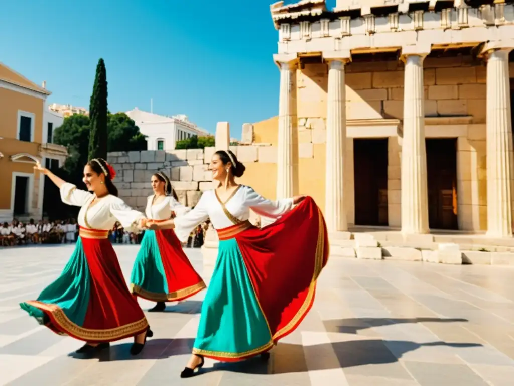 Grupo de bailarines griegos realizando el Sirtaki en una plaza soleada de Atenas