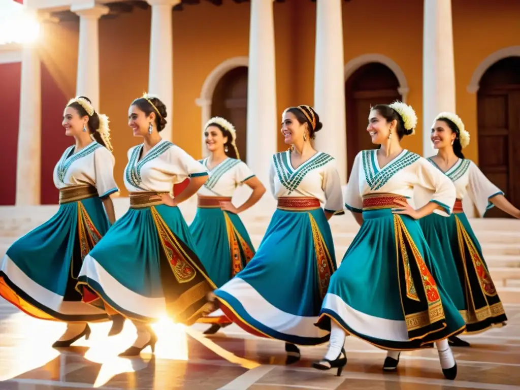 Un grupo de bailarines griegos en pleno baile del Sirtaki, con trajes tradicionales y fondo de arquitectura griega