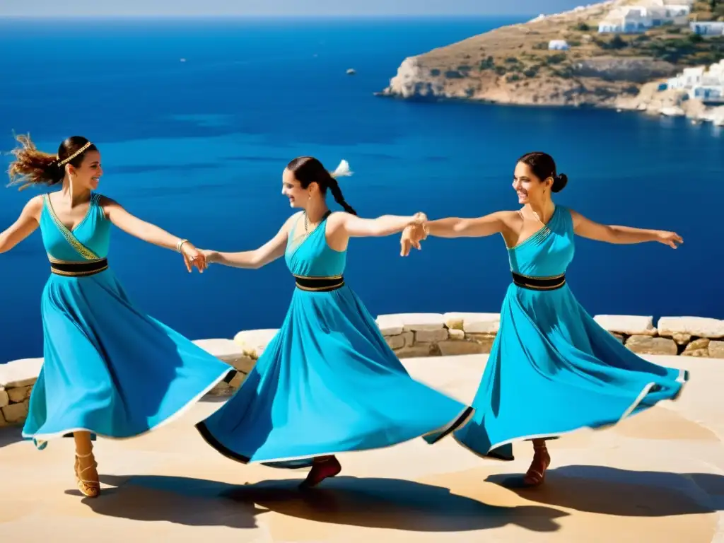 Grupo de bailarines griegos danzando bajo el sol mediterráneo, capturando la esencia de la enseñanza de la danza griega