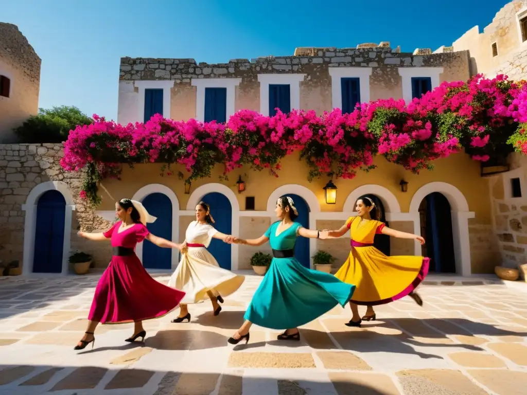 Grupo de bailarines griegos tradicionales ejecutando la danza Sirtaki en una plaza soleada, rodeados de edificios de piedra con buganvillas