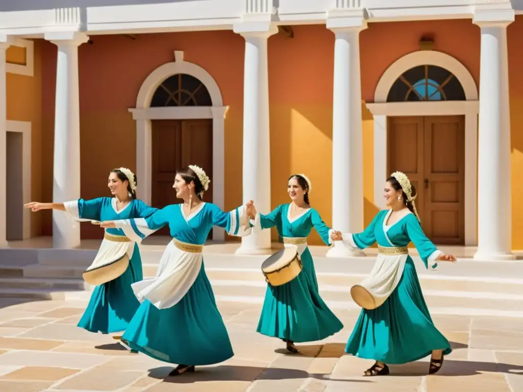 Grupo de bailarines griegos tradicionales realizando las danzas Sirtaki y Hasapiko en un patio soleado, con trajes coloridos y expresiones de alegría, capturando la esencia de la comparación música danzas griegas