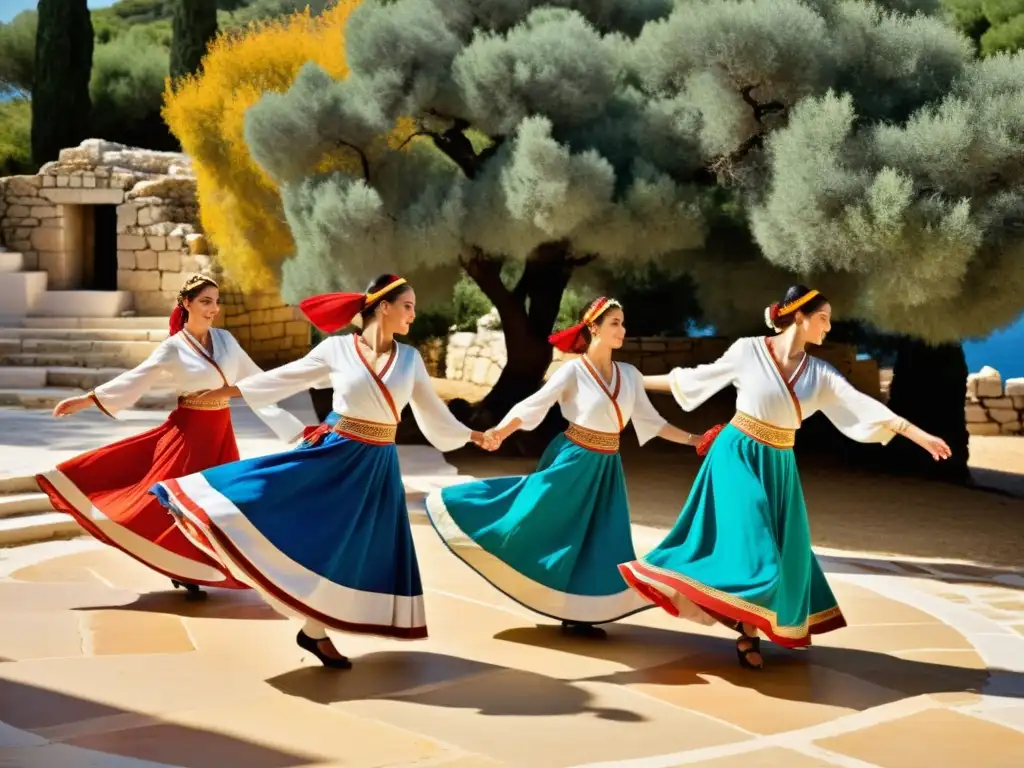 Un grupo de bailarines griegos tradicionales danzan bajo el sol mediterráneo, mostrando las técnicas y tradiciones del baile griego