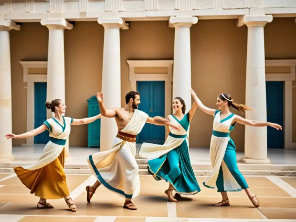 Un grupo de bailarines griegos en trajes tradicionales danzan con pasión y alegría en un patio soleado, rodeados de columnas y estatuas antiguas