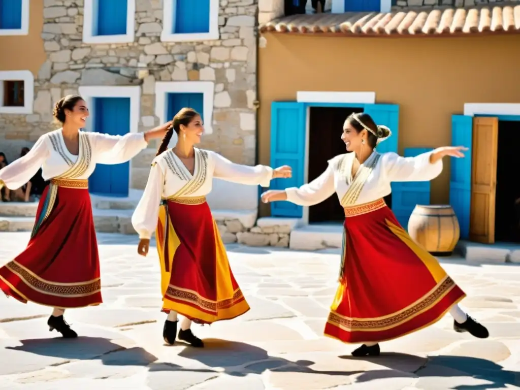 Grupo de bailarines griegos con trajes tradicionales, ejecutando una danza animada en una plaza soleada