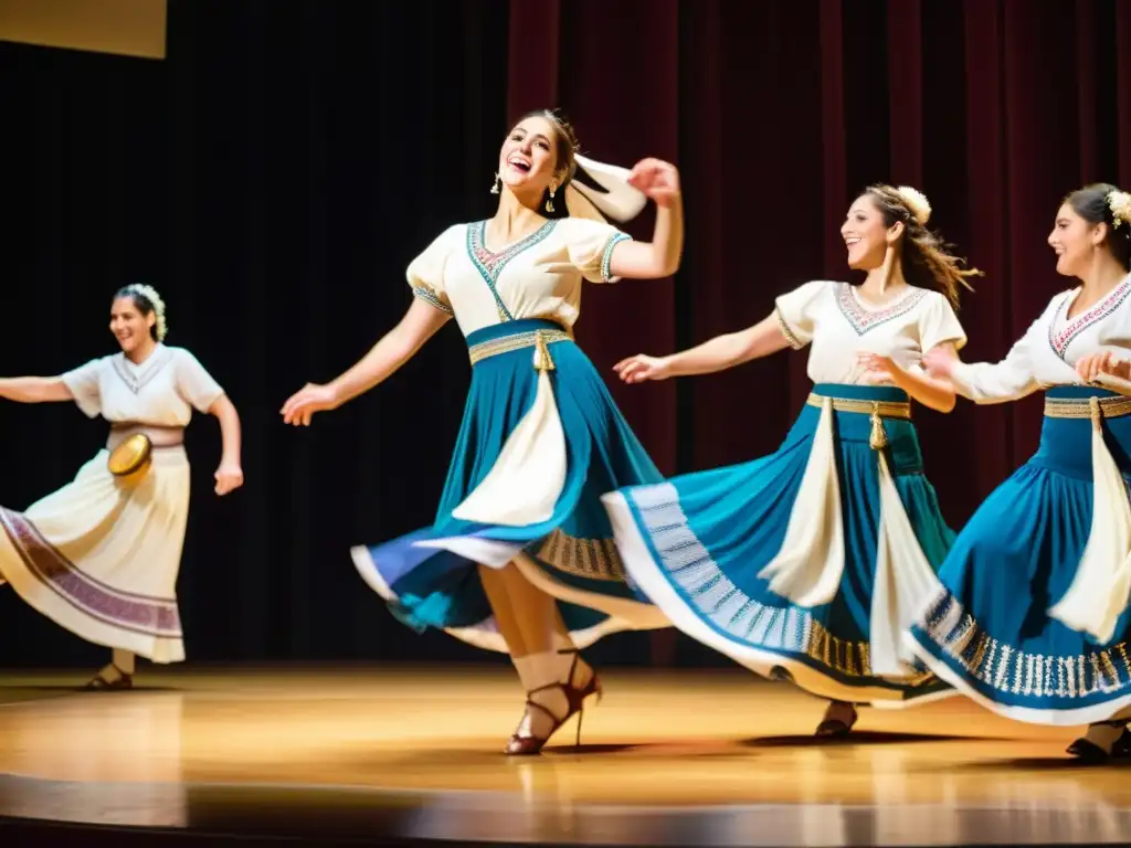 Grupo de bailarines griegos con trajes vibrantes y músicos tocando instrumentos tradicionales en un escenario griego junto al mar Egeo