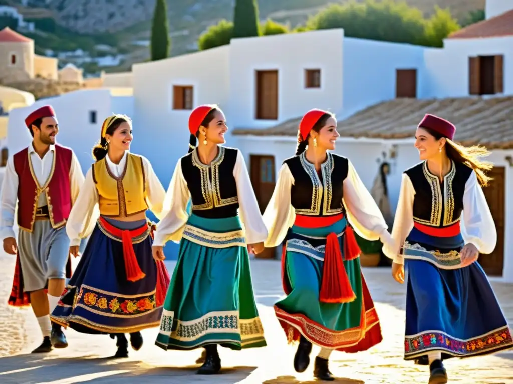 Un grupo de bailarines griegos vistiendo trajes tradicionales coloridos, bailando en un pueblo griego pintoresco