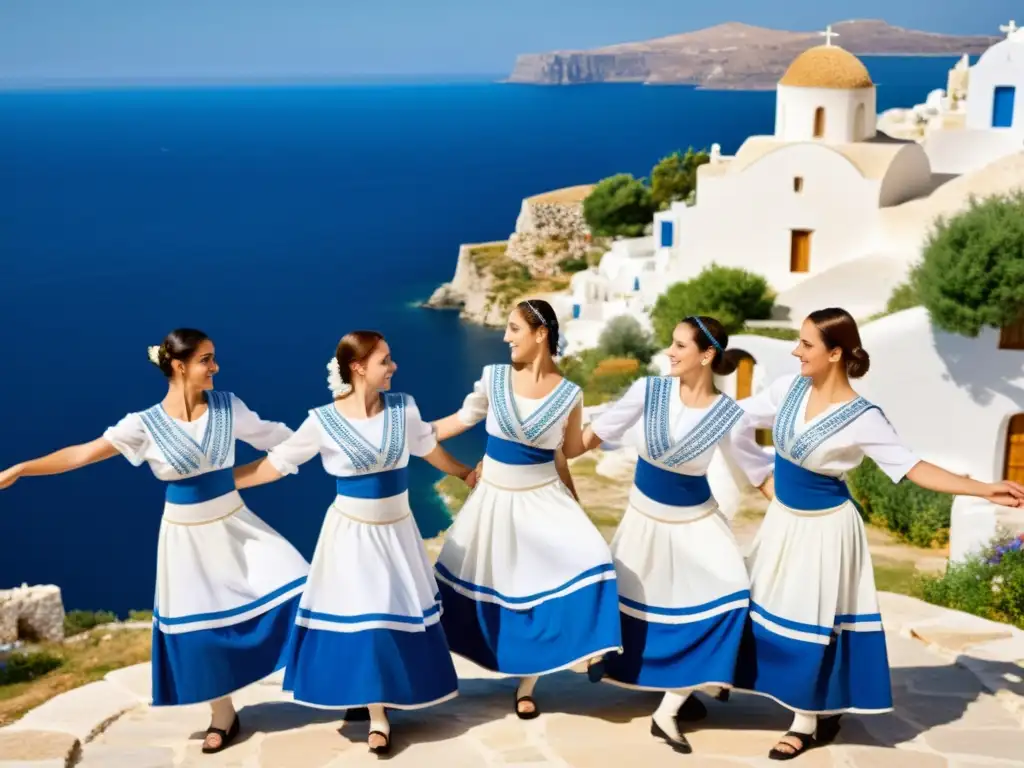 Grupo de bailarines griegos en trajes tradicionales, bailando en círculo en un pueblo griego pintoresco