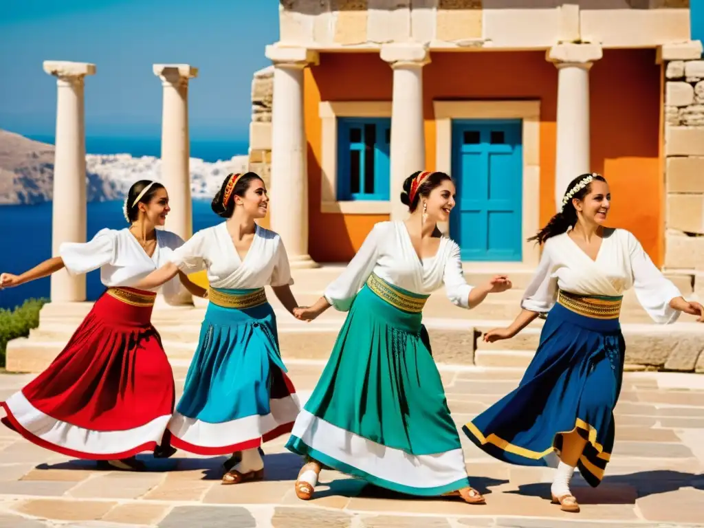 Grupo de bailarines griegos en trajes tradicionales realizan danza al aire libre, reflejando la esencia de las técnicas y tradiciones del baile griego