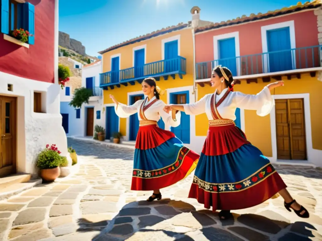 Grupo de bailarines griegos en trajes tradicionales, bailando Sirtaki en una pintoresca aldea griega