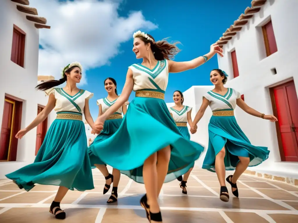 Grupo de bailarines griegos en trajes tradicionales, realizando el enérgico Sirtaki