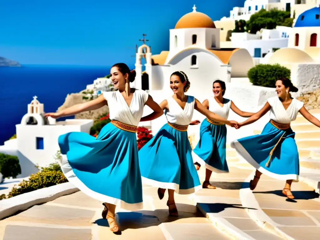 Grupo de bailarines griegos en trajes tradicionales realizando la animada danza Sirtaki