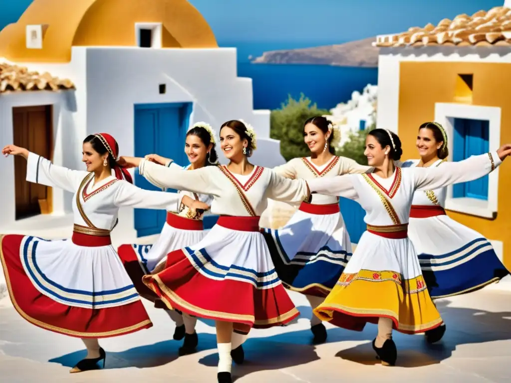 Grupo de bailarines griegos con trajes tradicionales, danzando en círculo en un vibrante baile griego en una aldea tradicional